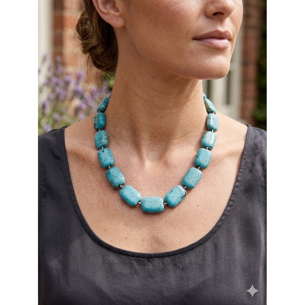 Chunky Turquoise Stone Statement Necklace‎ Rectangle Bead Southwestern Boho